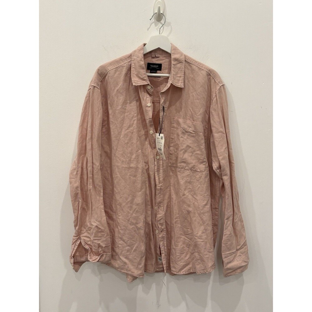 Pull&Bear Mens XL Pink Linen Cotton Button Up Shirt Long Sleeve Pockets